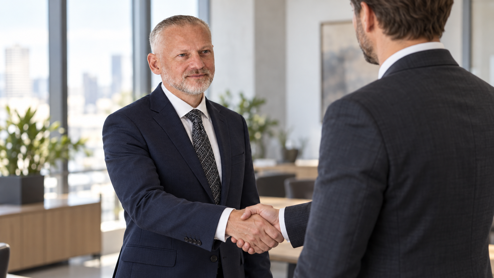 Illustrative scene of Vasily greeting a business partner in an office